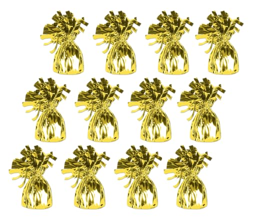 Pack of 6, 12 & 24 Heavy Balloon Weights (5cm x 13cm / Helium Latex Balloon Weight Fountain Table Floor Tassle Cone Birthday Party Accessory with Ribbon Roll (Classic Gold, 12 Qty)