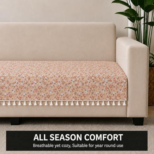 Image of STITCHNEST 'Frostvine Collection' 2 Seater Sofa Cover| Cotton Quilted Fabric, Decorative Tassels, Washable & Durable for Modern Living