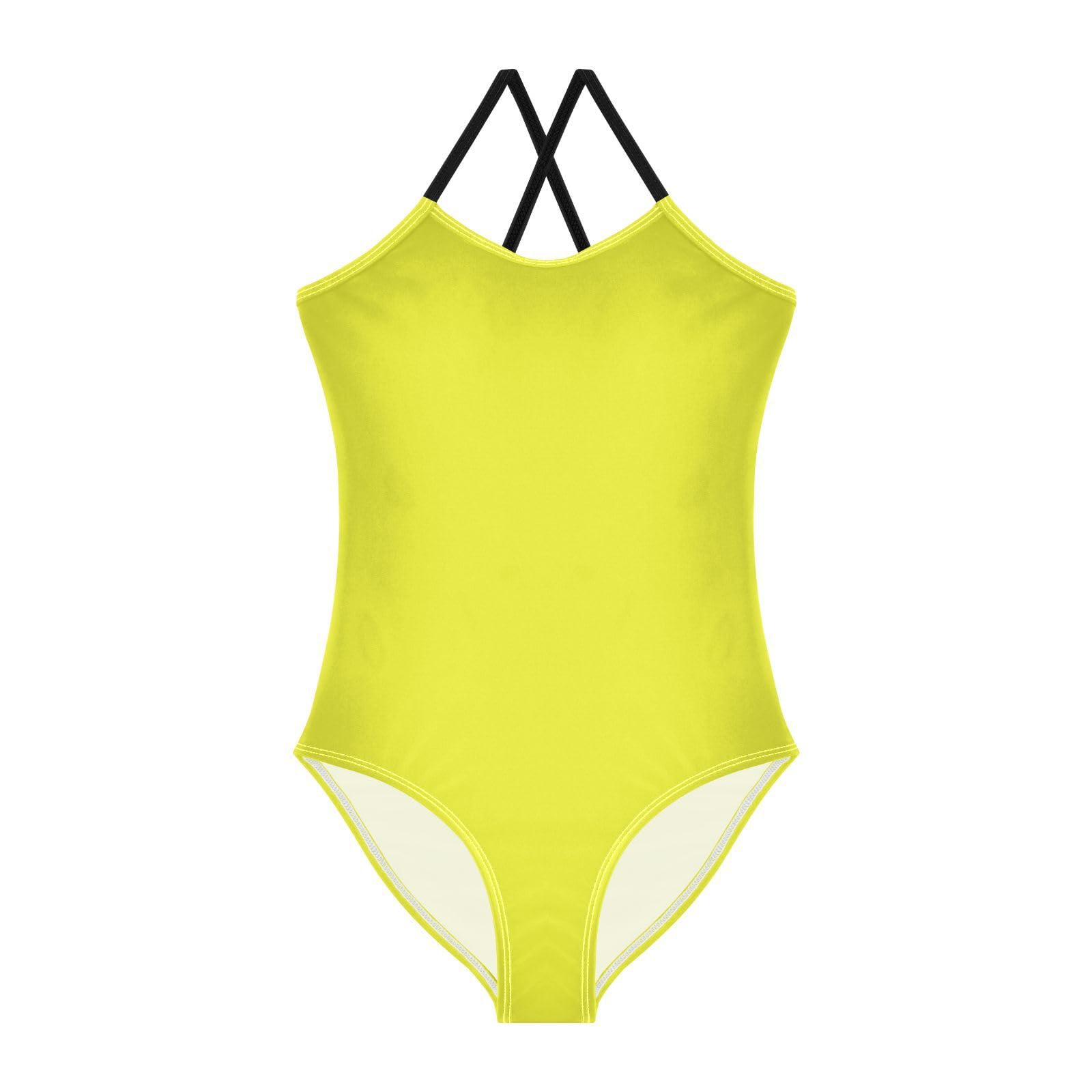 Lemon Yellow Girls One Piece Swimsuit Beach Swimwear Quick Dry Kids Bathing Suits 7-8T