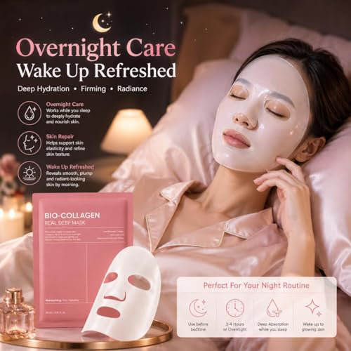 Image of (Pack of 1) Bio Collagen Sheet Mask Overnight Face Mask - Korean Hydrogel Collagen Face Mask Sheets with Hyaluronic Acid & Alpha Arbutin for Glowing Skin, Brightening, Hydration, Firming & Glass Skin Care & Elasticity Support