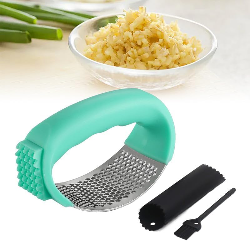 2026 New Upgraded Garlic Press Rocker, Stainless Steel Garlic Press, Garlic Crusher with Peeler and Cleaning Brush, Garlic Chopper for Crush Garlic Kitchen Gadgets, Kitchen Tools (Green)