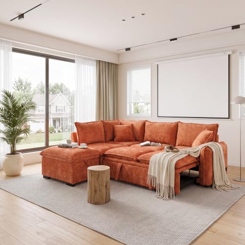 Image of ERYE 82.5 inch L-Shaped Left Facing Corner Sleeper Sectional Sofa with Pull Out Sleeper Couch Bed for Living Room,L-Shaped Boucle Upholstered Convertible Sofabed W /Storage Ottoman