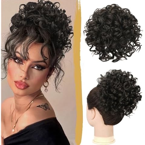PEACOCO Messy Bun Short Curly Ponytail Extension Elastic Drawstring Loose Hair Bun Hair Pieces for Women with Thinning Hair High Temperature Synthetic Fiber Hair Bun Extension 80g，Black Brown（4#） Cover