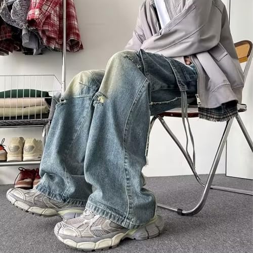 Baggy Cargo Pants for Men Y2K Distressed Straight Leg Denim Pants Teen Boys Ripped Wide Leg Jeans Hip Hop Streetwear4