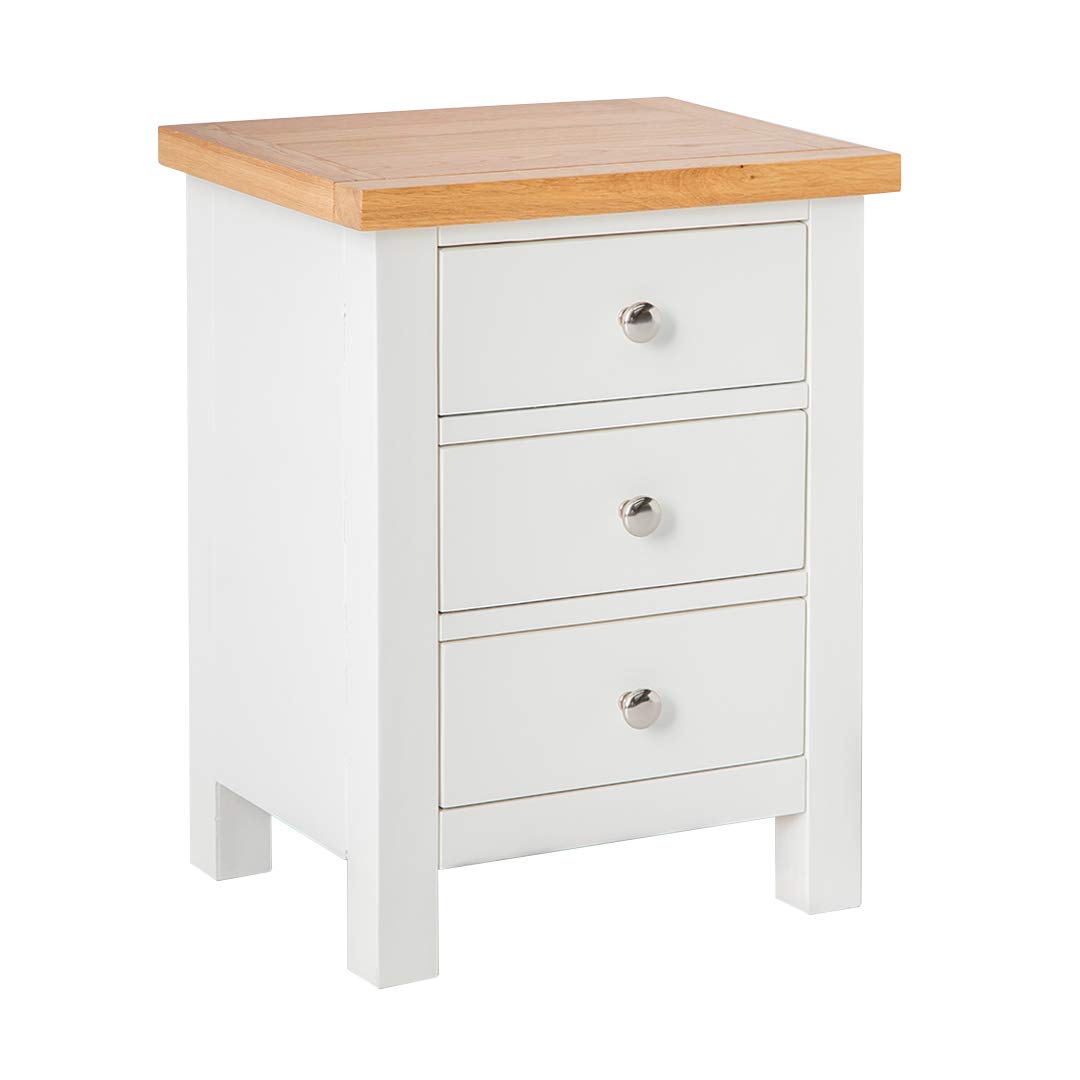 RoselandFurniture Farro White Bedside Table Quality 3 Drawer Bedside Cabinet with Oak Top | Fully Assembled Painted Solid Wooden Side End Nightstand for Bedroom, Bathroom, and Hallway — image 1