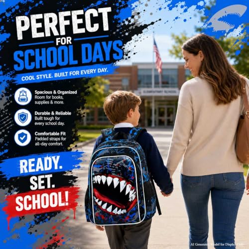 Image of 3Pcs Shark Backpack for Boys, 17 inch Kids Bookbag for Elementary Preschool Kindergarten, School Backpacks with Lunch Box (Blue)