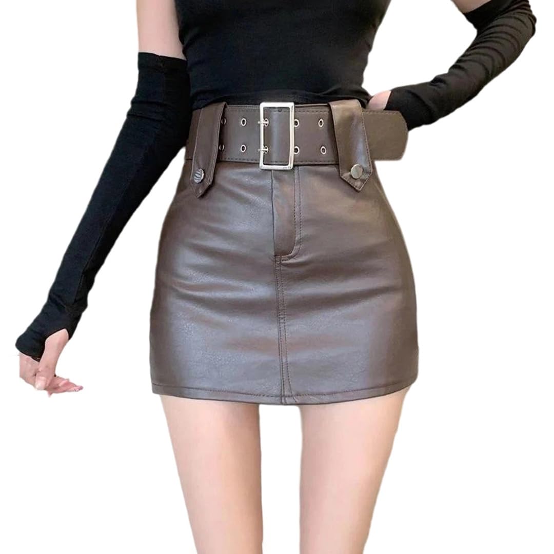 Kelsiop Minifalda de piel sintética de cintura alta para mujer, falda corta acampanada, casual, fiesta, club