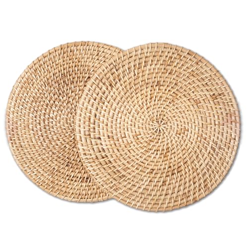 Image of Encasa XO Dining Round Table Mats Set of 2 | Rattan Placemat - 30 cm Diameter | Natural Cane Handmade Woven | Boho Farmhouse Wicker Chargers for Dinner Plates