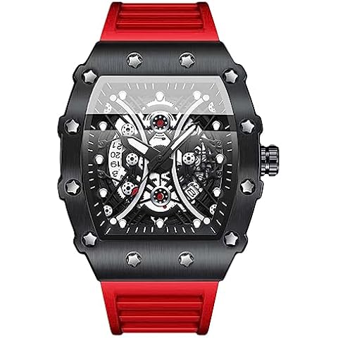 RORIOS Men’s Fashion Watch Tonneau Sport Wristwatch Analogue Quartz Waterproof Watch Luminous Date Calendar Watch for Men with Silicone Strap red B Cover