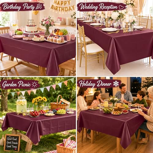 Image of WNINK 2 Pack Burgundy Disposable Plastic Tablecloths, Waterproof Rectangle Table Covers 54 x 108 Inch, Party Tablecloth for Birthday Party, Baby Shower, Wedding, Holiday and Event Decorations
