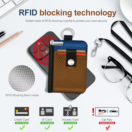 Image of Minimalist RFID Blocking Small Wallet with ID Window,WaterResistant Zip Id Case Wallet with Lanyard Keychain for Cards,Cash,Travel,Women,Men (Brown /Electric Blue)