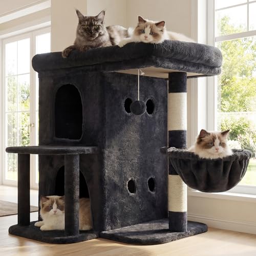 Heybly Arbre à Chat, Tour de 65 cm pour Grands Chats avec Plateforme Spacieuse, Cabines Double Couche, Poteaux à Griffes en Sisal, Panier Confortable et Pompon, Gris...