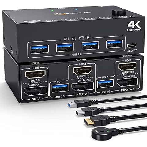 Dual Monitore KVM Switch 4K@60Hz, DisplayPort HDMI KVM Switch 2 PC 2 Monitore, KVM Switches mit 4 USB 3.0 Ports Cover
