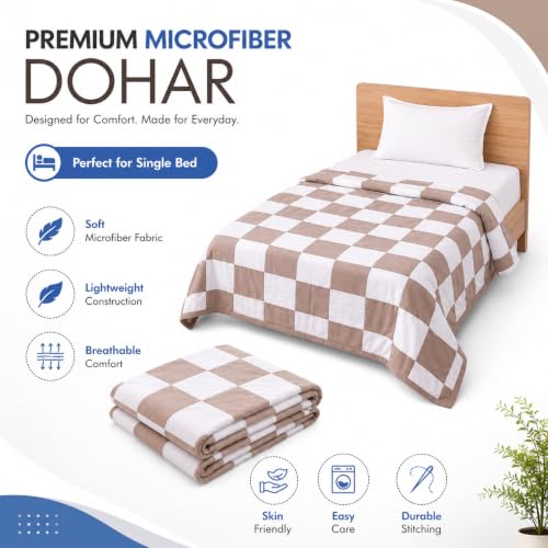 Image of Single Bed Dohar Elegant Beige Check | Lightweight Summer Quilt | Soft Microfiber AC Blanket | Breathable All Season Comforter | Skin Friendly Bed Cover