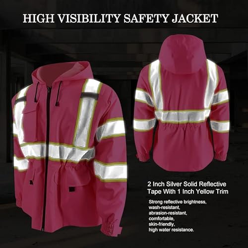 Zuja High Visibility Bomber Safety Jacket Ansi Class 3 Reflective Jacket Pocket And Zipper Reflective Hoodie Windproof Hi Vis Rain Jacket For Men & Women (Pink, L) #TOP4