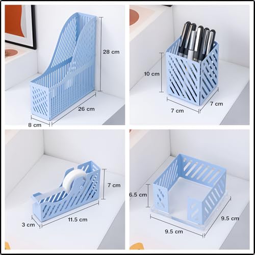Image of oddpod Set of 4 - Metal Desk Accessories Organizer - Magazine File Holder, Sticky Note Holder, Pen & Pencil Stand, Tape Dispenser /Desktop Storage Organizer For Office, Home & School (PastelBlue)