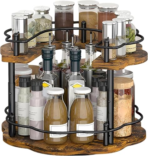 Yolispa Étagère à épices, plateau tournant en bois 2 niveaux, organiseur de cuisine 3 niveaux
