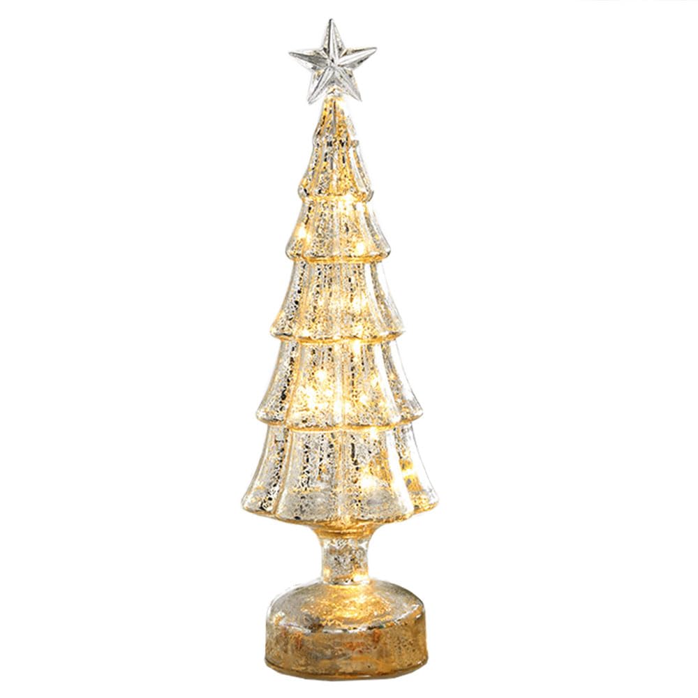 KFZR Christmas Tree Light Up Table Lamp Night Lights Xmas Décor Battery Powered (Glass Christmas Tree Silver -3 AA Batteries Powered)