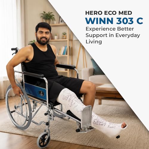 Image of Hero Ecomed Winn 303 C | Manual Wheelchair with Propelling Ring | Chrome Plated MS Frame | High Back Foldable Wheelchair | Commode Provision | For Patients & Elderly | 100 kg Capacity