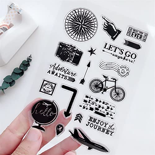 Journey Camera Clear Stamps Silicone Stamp Cards with Sentiments, Bicycle Plane Road Signs Transparent Seal Stamps for Holiday Card Making Decoration and DIY Scrapbooking Album DIY Crafts