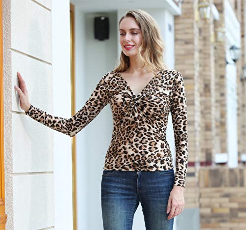 MISS MOLY Leopard Print Tops for Women V Neck Long Sleeve Off Shoulder Knot Chest Ruched Shirt Blouse Slim Sexy2