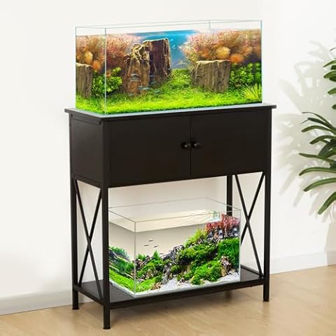 LAQUAL 20-29 Gallon Aquarium Stand with Cabinet, 20 Gallon Long Fish Tank Stand with 31''L * 12''W Tabletop, Double Heavy Metal Stand with Stable Structure, Adjustable Table Feet - Black Cover