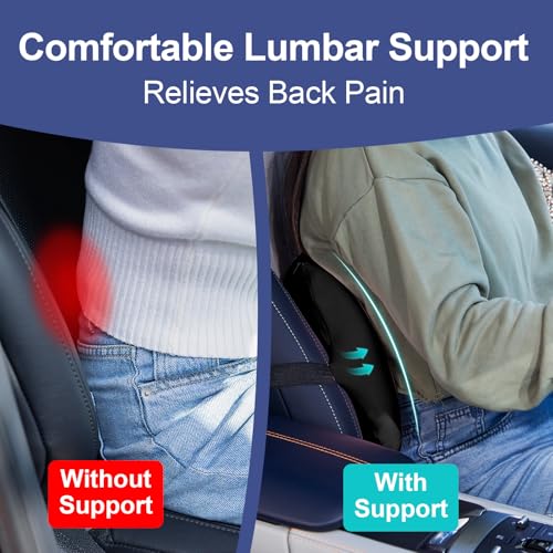 BYMECOST Lumbar Support Pillow for Car, Memory Foam Car Seat Back Support Pillow for Driving, Back Cushion with Strap for Pain Relief, Ergonomic Back Cushion for Office Chair, Wheelchair (A-Black)