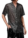 WDIRARA Men's Metallic Mesh V Neck Short Sleeve Sheer Top Golf Polo Shirts Partywear Black L