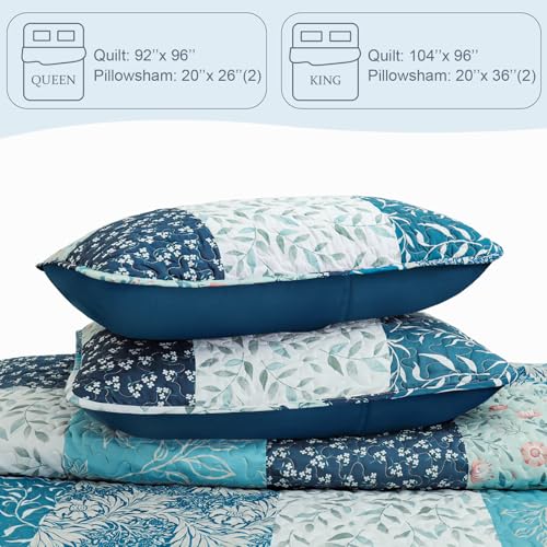 Exclusivo Mezcla Reversible Boho Quilt Set Queen Size, 3 Pieces Patchwork Navy Blue All Season Bedspreads, Ultra Soft Floral Coverlet Bedding Set with Printed Pattern (1 Quilt, 2 Pillow Shams)
