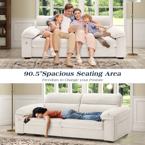 Image of WorthFurni Sofas for Living Room, Chenille Pillow-Armrest Loveseat Couch Set, Small Sofa, 3 Seater Sofa, USB Charging, Removable Sofa Cover, Solid Wood Frame, Easy to Install (90.5 inch, Beige)
