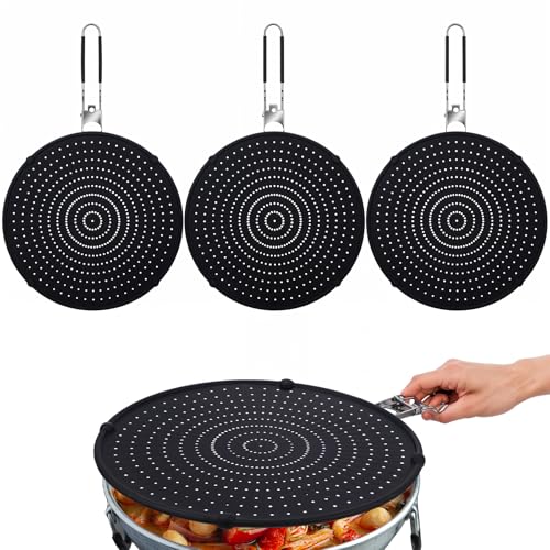 3 Pcs Silicone Splatter Screen for Frying Pan Grease Oil Splatter Collapsible Splash Guard Heat Resistant Multi Use for Baking and Cooking(Black)