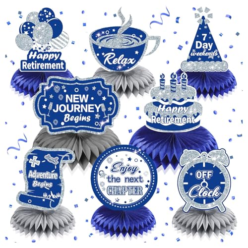 Bubaxuce 8 Pièces Décorations De Retraite Bleues Marine Argentées Heureuse Retraite Centre De Table Nid D’Abeille pour Hommes Femmes Bureau Fête De Départ