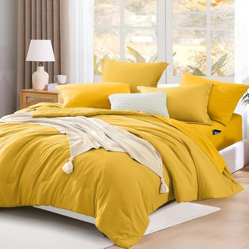 Image of King Size Comforter Set- 7 Pieces Prewashed Bed in a Bag King Bedding Sets | Soft All Season Comforter with Sheets, Pillow Shams & Pillowcases,Yellow