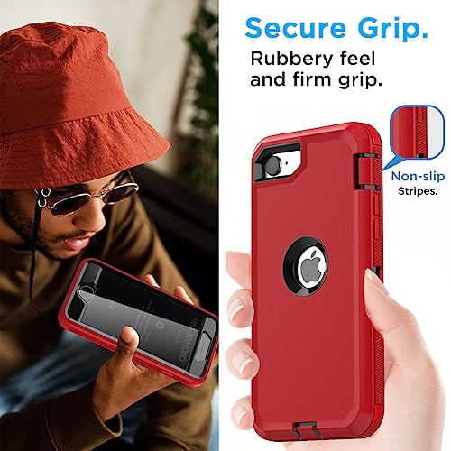 Image of AICase for iPhone SE Case 3rd & 2nd Generation, for iPhone SE 2022 /2020 Built-in Screen Protector Heavy Duty Protective Shockproof 3-Layer Full Body Rugged Phone Cover, Red /Black