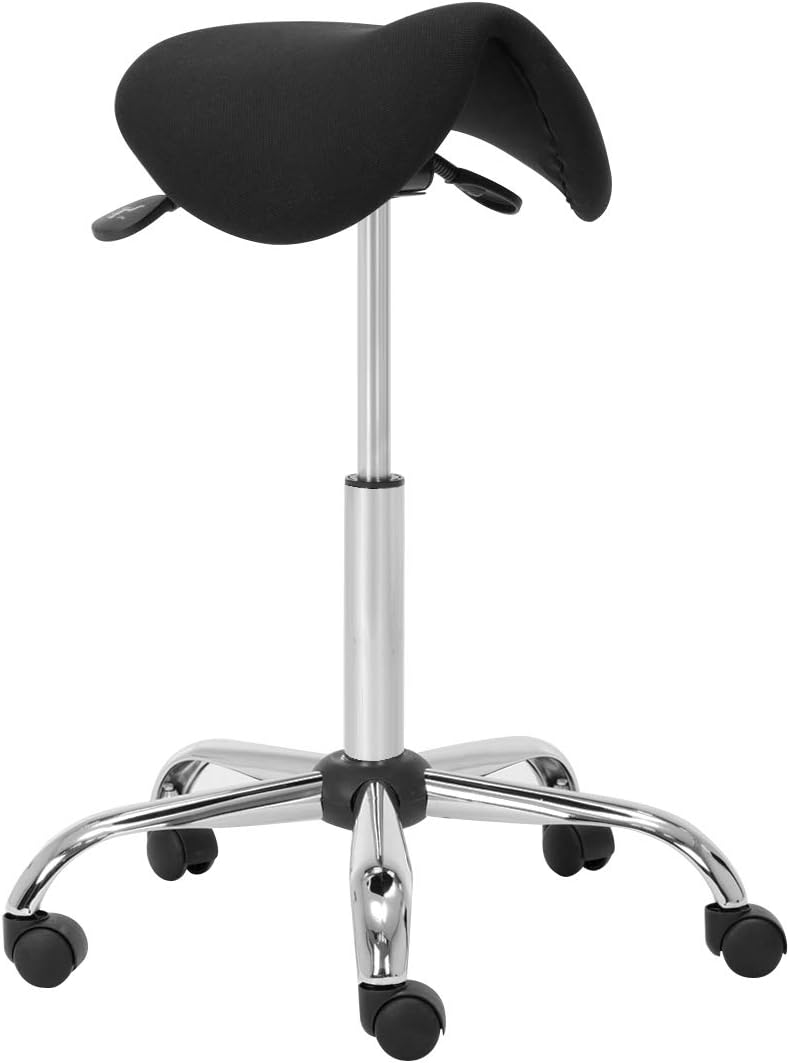 Hair Salon Barber Saddle Stool, 61.5-79cm Height Adjustable Beauty Makeup Manicure Cosmetics Artist Chair with 360° Swivel Casters in Black
