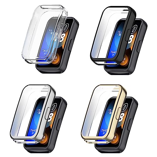 4 Pack Watch Case Compatible with Huawei Band 8 Screen Protector Case Smart Watch Bumper Protective Cover Film Soft TPU Full Coverage HD Anti-Scratch