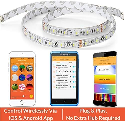 Mansaa SmartShine - Wireless Smart LED Strip Kit (5 meter Pack), Premium Quality, Controlled by APP from Android and iPhone, 16+ Million Colors, RGB + CW, 4in1 LED, Plug and Play Solution, Made in India, 3 year Warranty, Cove Lighting, Bedroom Lighting, Home Lighting, Multipurpose for all lighting solutions
