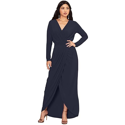 KOH KOH Womens 2025 Long Sleeve Formal Wrap Draped Cocktail V-Neck Gown Maxi Dress
