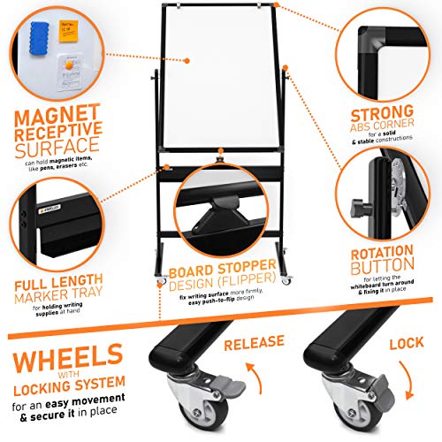 Mobile Whiteboard - 48x24 Large Adjustable Height 360° Reversible Double Sided Dry Erase Board - Magnetic White Board on Wheels - Portable Rolling Easel with Stand, Flip Chart Holders | Black - Thumbnail 6