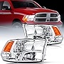 Nilight Headlight Assembly 2009 2010 2011 2012 2013 2014 2015 2016 2017 2018 Ram 1500 2500 3500 Pickup Quad Headlamp Assembly Replacement Chrome Housing Amber Corner Clear Lens,(Only for Quad Models)