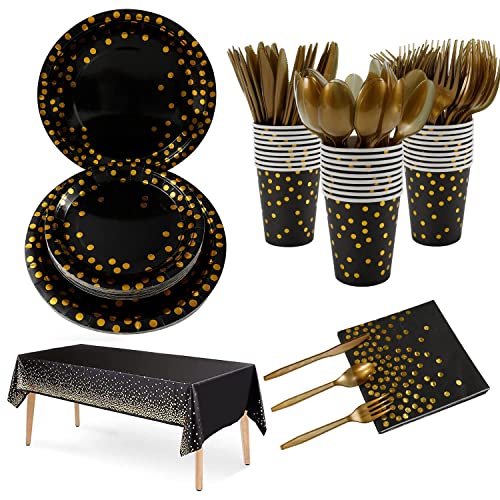 176 Pieces Happy Birthday partygeschirr Set | Kindergeburtstag Schwarzes Gold pappteller Geburtstag partygeschirr geschirrset, Tablecloth, Plates, Cups, Napkins,Party for Birthdays (25 Gästes)… Cover