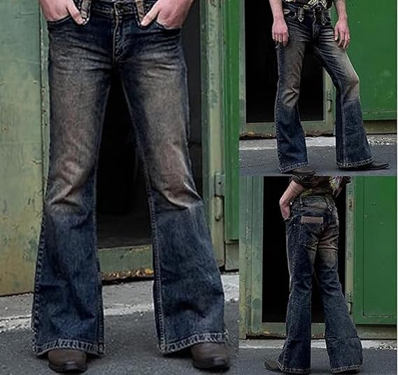 Men Vintage Patchwork Bell Bottom Jeans Classic Retro Disco Flared Leg Denim Pants Wide Leg Jean Pants 60s 70s (X-Large,Blue E)3