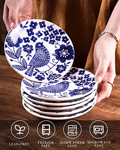 Sonemone 6 Inch Dessert Plates Set Of 6, Blue Bird Appetizer Plates Set, Small Ceramic Plates For Cake, Pie, Snacks, Ice Cream, Microwave & Dishwasher Safe #TOP1