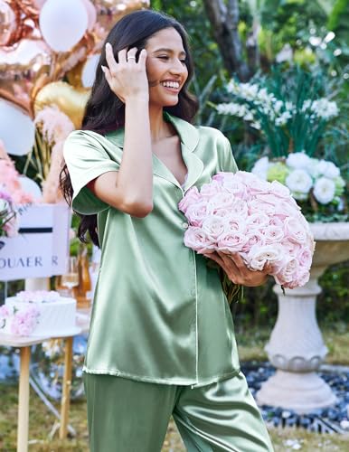 Image of Ekouaer 2 Piece Satin Short Sleeve Pajamas Set Button Down Sleepwear | Soft Pjs Set Classic Loungewear for Wedding, Party, Home, Daily Wear, Date Nights
