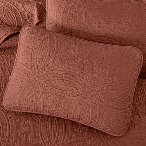 Image of Chezmoi Collection Austin Queen Bedspread Set 3-Piece Pinsonic Quilted Oversized Bedspread Coverlet Set, Queen, Terracotta