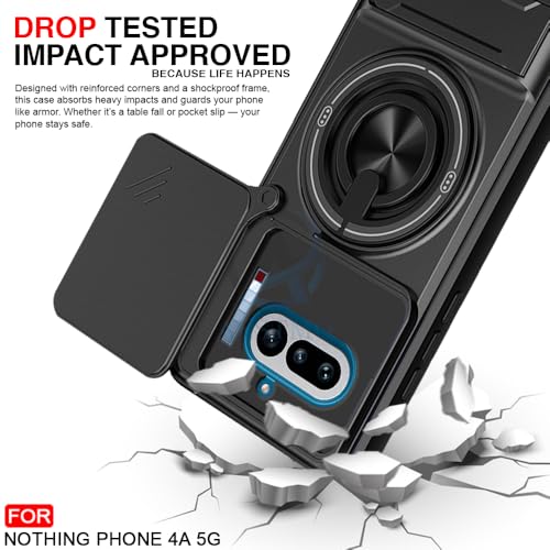 Image of AESTMO Nothing Phone 4A 5G Back Cover | Armor Camera Slider 360 Degree Rotating Finger Ring Holder Case with Bracket Stand & Camera Protection Back Case Cover for Nothing Phone 4A 5G (Black)