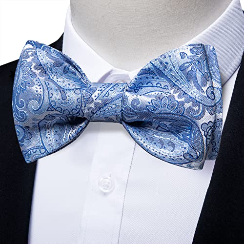 Image of DiBanGu Mens Silk Self Bow Ties,Woven Solid Striped Paisley Bowtie and Pocket Square Cufflinks Set for Men Tuxedo Wedding, Baby Blue