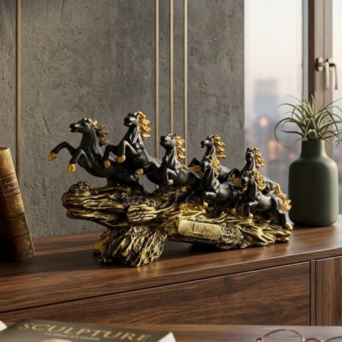 Image of eCraftIndia Golden & Black Resin 7 Running Victory Horse Statue | Vastu Feng Shui Showpiece for Home Decor Office | Horse Figurine Good Luck Gift for Housewarming Birthday