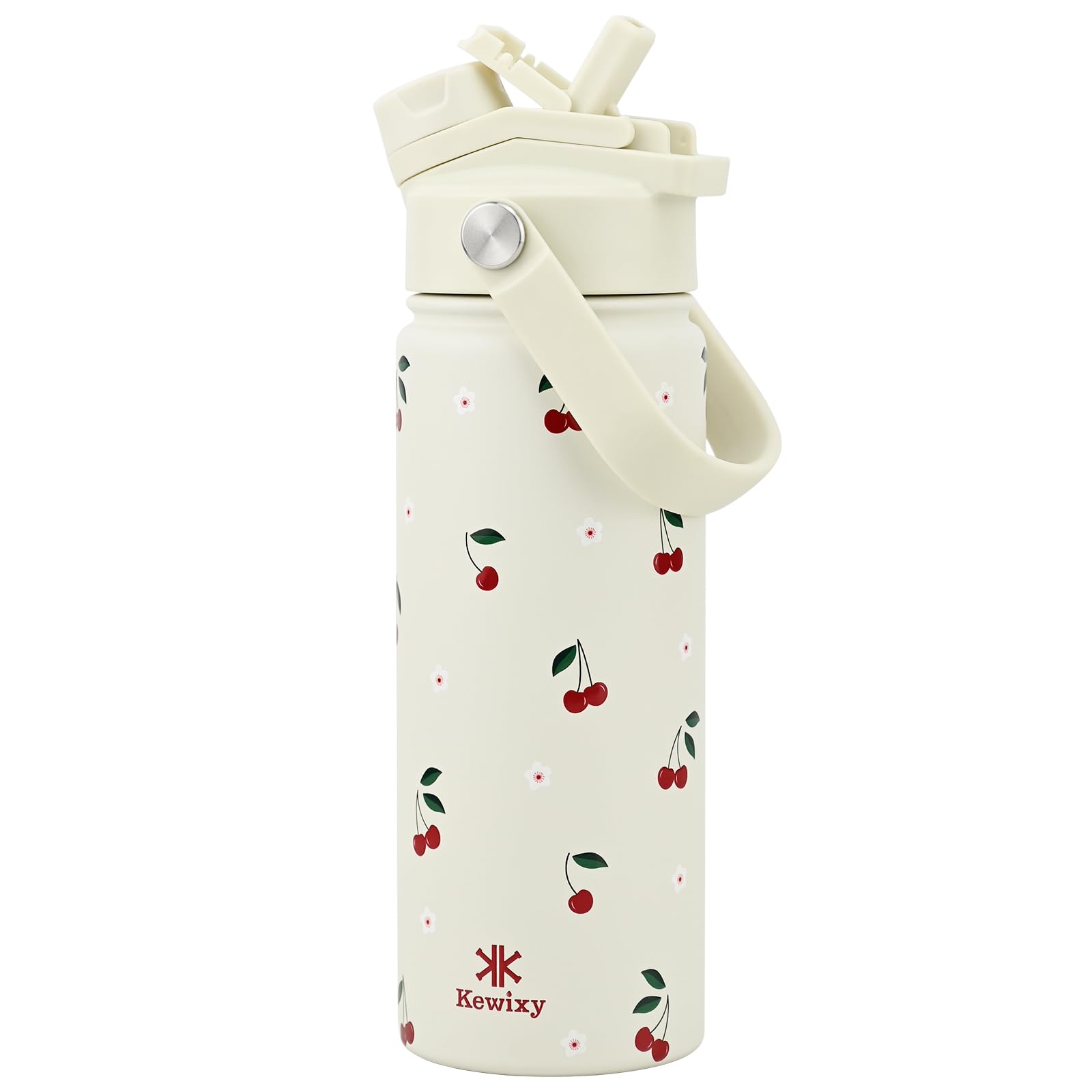 Stainless Steel Water Bottle 500 ml/18 oz, 2-in-1 Lid, Insulated Water Bottle with Straw, Leak Proof, Carry Handle, Fits Cup Holders, for Sports, Gym, Work (Cream Cherry)