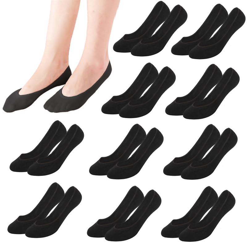 KEYRI 10 Pares Calcetines Invisibles Mujer, Calcetine Antideslizantes Invisibles Transpirables Calcetines, Pinkies Mujer para Mocasines Zapatos Planos, Talla Única (10 Negro)